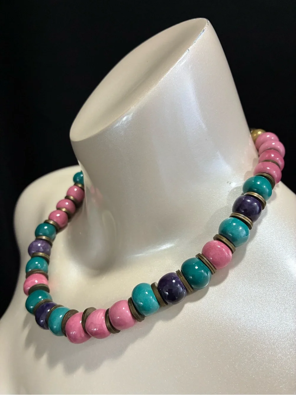 VTG Chunky Ceramic Pink, Teal & Purple Beaded Necklace with Antique Gold Spacers